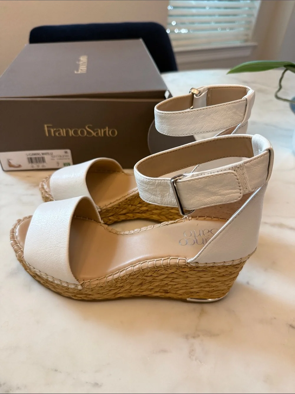 Franco Sarto White Leather Wedge Sandals with Ankle Strap